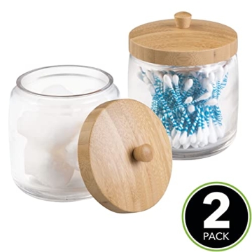 mDesign Small Apothecary Organizer Canister Jars - Glass Containers with Bamboo Lid for Bathroom, Organization Holder for Vanity, Counter, Brock Collection, 2 Pack - Clear/Natural
