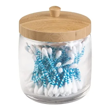 mDesign Small Apothecary Organizer Canister Jars - Glass Containers with Bamboo Lid for Bathroom, Organization Holder for Vanity, Counter, Brock Collection, 2 Pack - Clear/Natural
