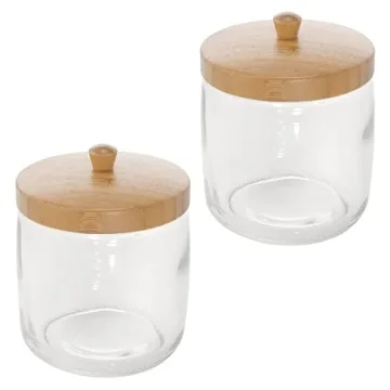 mDesign Small Apothecary Organizer Canister Jars - Glass Containers with Bamboo Lid for Bathroom, Organization Holder for Vanity, Counter, Brock Collection, 2 Pack - Clear/Natural