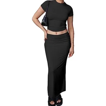Lybiogs Women's Stretchy Crop Top Maxi Skirt Y2K Outfit