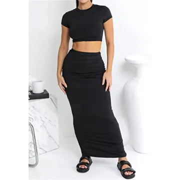 Lybiogs Women's Stretchy Crop Top Maxi Skirt Y2K Outfit