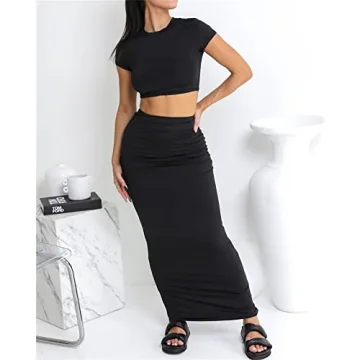 Lybiogs Women's Stretchy Crop Top Maxi Skirt Y2K Outfit