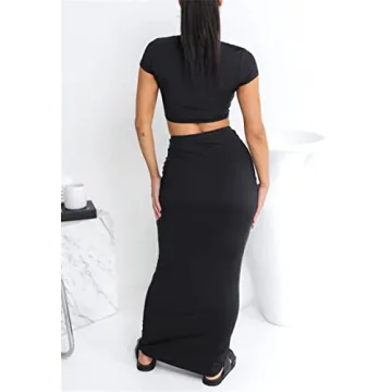 Lybiogs Women's Stretchy Crop Top Maxi Skirt Y2K Outfit