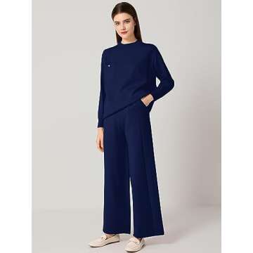 SuperPrity Lounge Sets for Women Two Piece Outfits Knit Sweater Top Wide Leg Pants Matching Sets Swe...