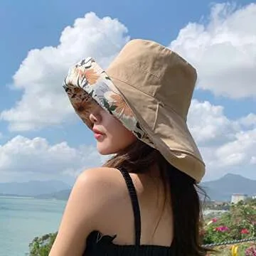 FaroDor Women's Floral Print Reversible Bucket Fishing Hat UV Sun Protection Wide Brim Summer Beach Hat Packable Khaki