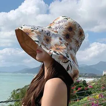 FaroDor Women's Floral Print Reversible Bucket Fishing Hat UV Sun Protection Wide Brim Summer Beach Hat Packable Khaki