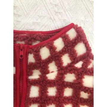 MAYZIA Women's Checkered Polar Fleece Vest Sleeveless Cardigan High Collared Zip Up Winter Top Red Sherpa Warm Outfit (Red, Small)