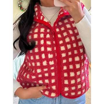 MAYZIA Women's Checkered Polar Fleece Vest Sleeveless Cardigan High Collared Zip Up Winter Top Red Sherpa Warm Outfit (Red, Small)