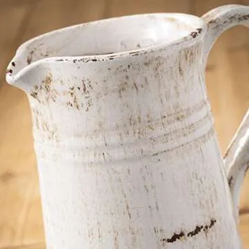 Sullivans Modern Farmhouse Decorative Ceramic Pitcher, 8 x 7 x 10 inches, Distressed Farmhouse Décor, Off-White Crackled Finish, Faux Floral Vase, Mantel, Dining Table and Living Room Décor (CM2364)
