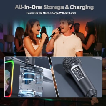 Karaoke Machine with 2 Wireless Microphones, SD-215 Bluetooth Speaker for Adults, PA System with Bass/Treble Adjustment, DJ Lights, Supports BT/AUX/USB for Party Outdoor -Black
