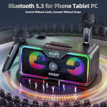 Karaoke Machine with 2 Wireless Microphones, SD-215 Bluetooth Speaker for Adults, PA System with Bass/Treble Adjustment, DJ Lights, Supports BT/AUX/USB for Party Outdoor -Black