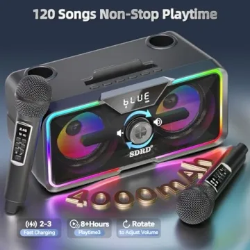 Karaoke Machine with 2 Wireless Microphones, SD-215 Bluetooth Speaker for Adults, PA System with Bass/Treble Adjustment, DJ Lights, Supports BT/AUX/USB for Party Outdoor -Black