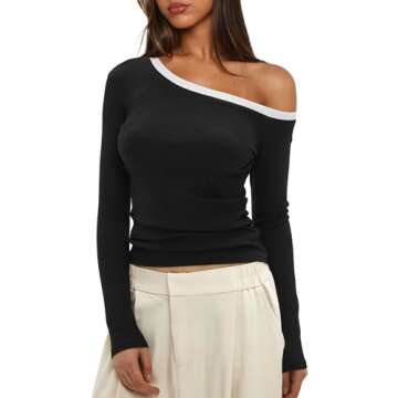 Darong Women Fall Long Sleeve One Off Shoulder Tops Color Block Going Out Shirt 9079 Black S