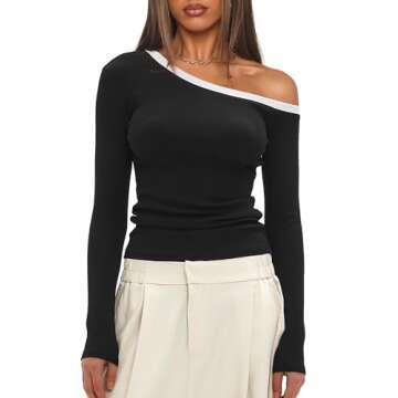 Darong Women Fall Long Sleeve One Off Shoulder Tops Color Block Going Out Shirt 9079 Black S