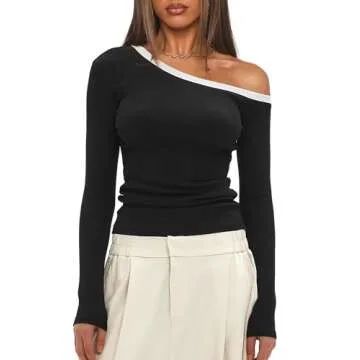 Darong Women Fall Long Sleeve One Off Shoulder Tops Color Block Going Out Shirt 9079 Black S