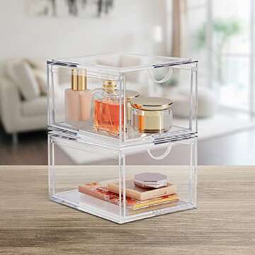 Boxalls 2 Pack Acrylic Stackable Storage Drawers Makeup Organizer, 20% Thicker Clear Bathroom Organizers for Cosmetics, Skin Care, Hair Accessories, Beauty, Vanity, Countertop and Dresser