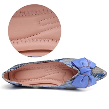 Hxlber Women's Flats Shoes Pointed Toe Bow Embroidery Ballet Comfortable Dressy Slip On Flat Shoes Blue Size 9