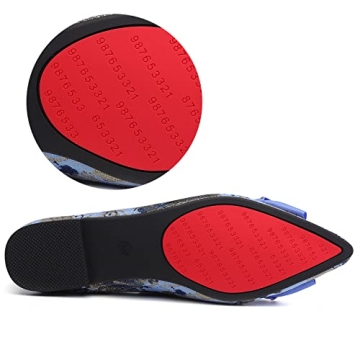 Hxlber Women's Flats Shoes Pointed Toe Bow Embroidery Ballet Comfortable Dressy Slip On Flat Shoes Blue Size 9