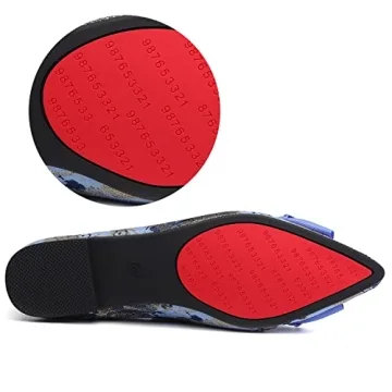 Hxlber Women's Flats Shoes Pointed Toe Bow Embroidery Ballet Comfortable Dressy Slip On Flat Shoes Blue Size 9