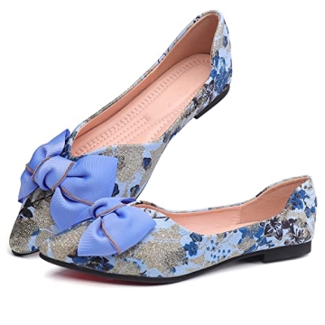 Hxlber Women's Flats Shoes Pointed Toe Bow Embroidery Ballet Comfortable Dressy Slip On Flat Shoes Blue Size 9