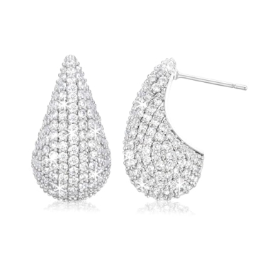 SWEETV Silver Chunky Hoop Earrings - Trendy Cubic Zirconia Teardrop Design