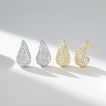 Trendy Silver Chunky Hoop Earrings with Cubic Zirconia Teardrops