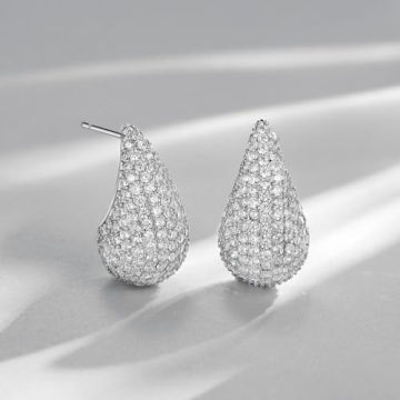 Trendy Silver Chunky Hoop Earrings with Cubic Zirconia Teardrops