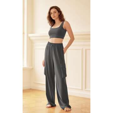 ODODOS Women's Modal Soft Wide Leg Cargo Pants with Pockets Adjustable Shockcord High Waist Loose Jogger Pants, Charcoal, Medium