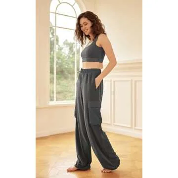 ODODOS Women's Modal Soft Wide Leg Cargo Pants with Pockets Adjustable Shockcord High Waist Loose Jogger Pants, Charcoal, Medium