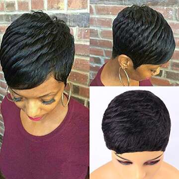 VRVogue Pixie Wigs Short Black Wavy Layered Short Human Hair Wigs for Black Women (1B#)