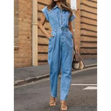 Tongmingyun Women's Cap Sleeve Denim Jumpsuit Button Down Straight Leg Jeans Long Pants Rompers with Pockets