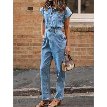Tongmingyun Women's Cap Sleeve Denim Jumpsuit Button Down Straight Leg Jeans Long Pants Rompers with Pockets
