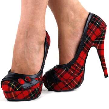 SHOW STORY Red Checkered High Heel Pumps for Women