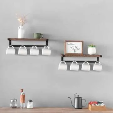 Dahey Mug Holder Wall Mounted Mug Rack with Hooks, Set of 2, Storage Rustic Floating Shelf Coffee Ba...