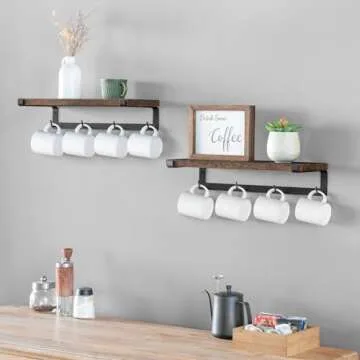 Dahey Mug Holder Wall Mounted Mug Rack with Hooks, Set of 2, Storage Rustic Floating Shelf Coffee Bar Accessories Wood Coffee Cup Hanger for Organizing Cooking Utensil Home Kitchen Decor, Brown