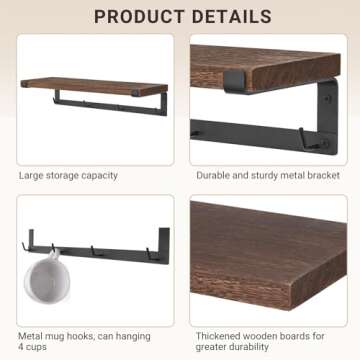 Dahey Mug Holder Wall Mounted Mug Rack with Hooks, Set of 2, Storage Rustic Floating Shelf Coffee Bar Accessories Wood Coffee Cup Hanger for Organizing Cooking Utensil Home Kitchen Decor, Brown