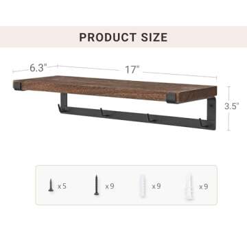 Dahey Mug Holder Wall Mounted Mug Rack with Hooks, Set of 2, Storage Rustic Floating Shelf Coffee Bar Accessories Wood Coffee Cup Hanger for Organizing Cooking Utensil Home Kitchen Decor, Brown