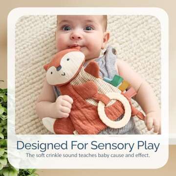 Itzy Ritzy - Bitzy Crinkle Sensory Toy Fox with Crinkle Sound for Babies & Toddlers - Features Soft Braided Teething Ring & Textured Ribbons, Designed for Ages 0 Months and Up, Fox