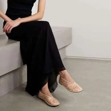 MICIFA Mesh Ballet Flats for Women Crystal Rhinestone Flat Shoes Round Toe Sparkly Ballerina Shoes Low Heel Glitter Casual Wedding Dress Mary Jane Flats Apricot