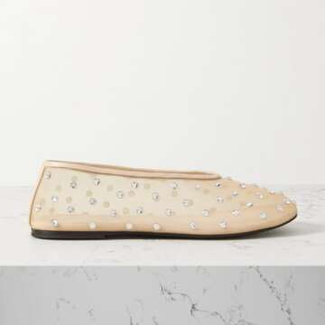 MICIFA Mesh Ballet Flats for Women Crystal Rhinestone Flat Shoes Round Toe Sparkly Ballerina Shoes Low Heel Glitter Casual Wedding Dress Mary Jane Flats Apricot