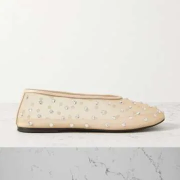 MICIFA Mesh Ballet Flats for Women Crystal Rhinestone Flat Shoes Round Toe Sparkly Ballerina Shoes Low Heel Glitter Casual Wedding Dress Mary Jane Flats Apricot