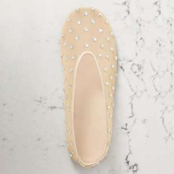 MICIFA Mesh Ballet Flats for Women Crystal Rhinestone Flat Shoes Round Toe Sparkly Ballerina Shoes Low Heel Glitter Casual Wedding Dress Mary Jane Flats Apricot