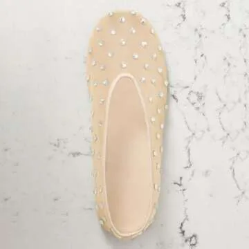 MICIFA Mesh Ballet Flats for Women Crystal Rhinestone Flat Shoes Round Toe Sparkly Ballerina Shoes Low Heel Glitter Casual Wedding Dress Mary Jane Flats Apricot