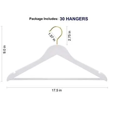 Amber Home 30 Pack Solid Wood Suit Coat Hangers, Smooth White Finish Wooden Dress Hangers with Non S...