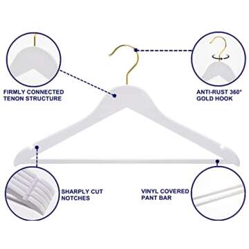 Amber Home 30 Pack Solid Wood Suit Coat Hangers, Smooth White Finish Wooden Dress Hangers with Non Slip Pant Bar, Clothes Hangers with Gold Hook & Notches for Jacket, Pant, Shirt (White+Gold, 30)