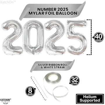 KatchOn, XtraLarge Silver 2025 Balloons, 40 Inch - Happy New Year Balloons Silver, 16 Inch | Happy New Years Decorations 2025 Silver Balloons | New Years Eve Party Supplies 2025 | NYE Decorations 2025
