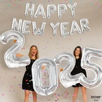 KatchOn, XtraLarge Silver 2025 Balloons, 40 Inch - Happy New Year Balloons Silver, 16 Inch | Happy New Years Decorations 2025 Silver Balloons | New Years Eve Party Supplies 2025 | NYE Decorations 2025