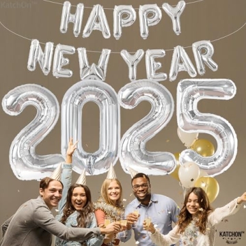 KatchOn, XtraLarge Silver 2025 Balloons, 40 Inch - Happy New Year Balloons Silver, 16 Inch | Happy New Years Decorations 2025 Silver Balloons | New Years Eve Party Supplies 2025 | NYE Decorations 2025