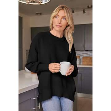 EFAN Women's Oversized Sweaters 2025 Fall Trendy Crewneck Batwing Sleeve Chunky Knit Long Pullover Cute Tunic Tops Dress Winter Clothes Cashmere Fashion Outfits Ladies Clothing Black S