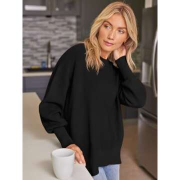 EFAN Women's Oversized Sweaters 2025 Fall Trendy Crewneck Batwing Sleeve Chunky Knit Long Pullover Cute Tunic Tops Dress Winter Clothes Cashmere Fashion Outfits Ladies Clothing Black S